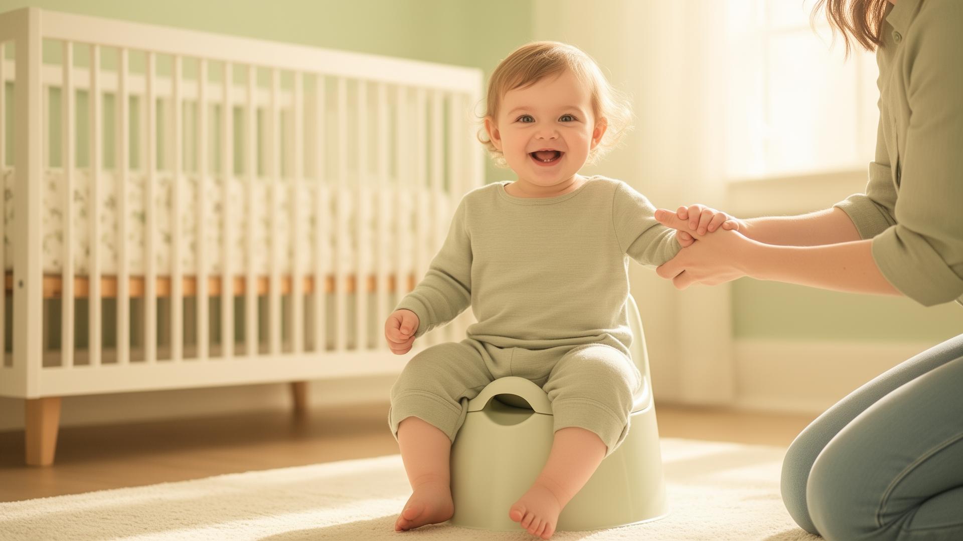 Smiling toddler sitting on a potty in a bright, calm nursery