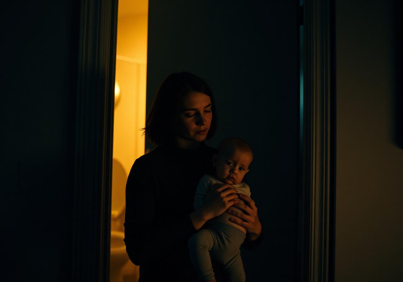 Tired parent comforting a toddler at night